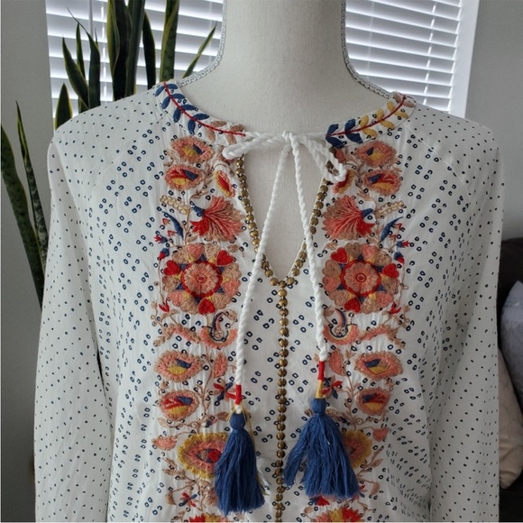 NWT Bohme Spanish Embroidered White Top Tassels Gold Beading M - Picture 6 of 9